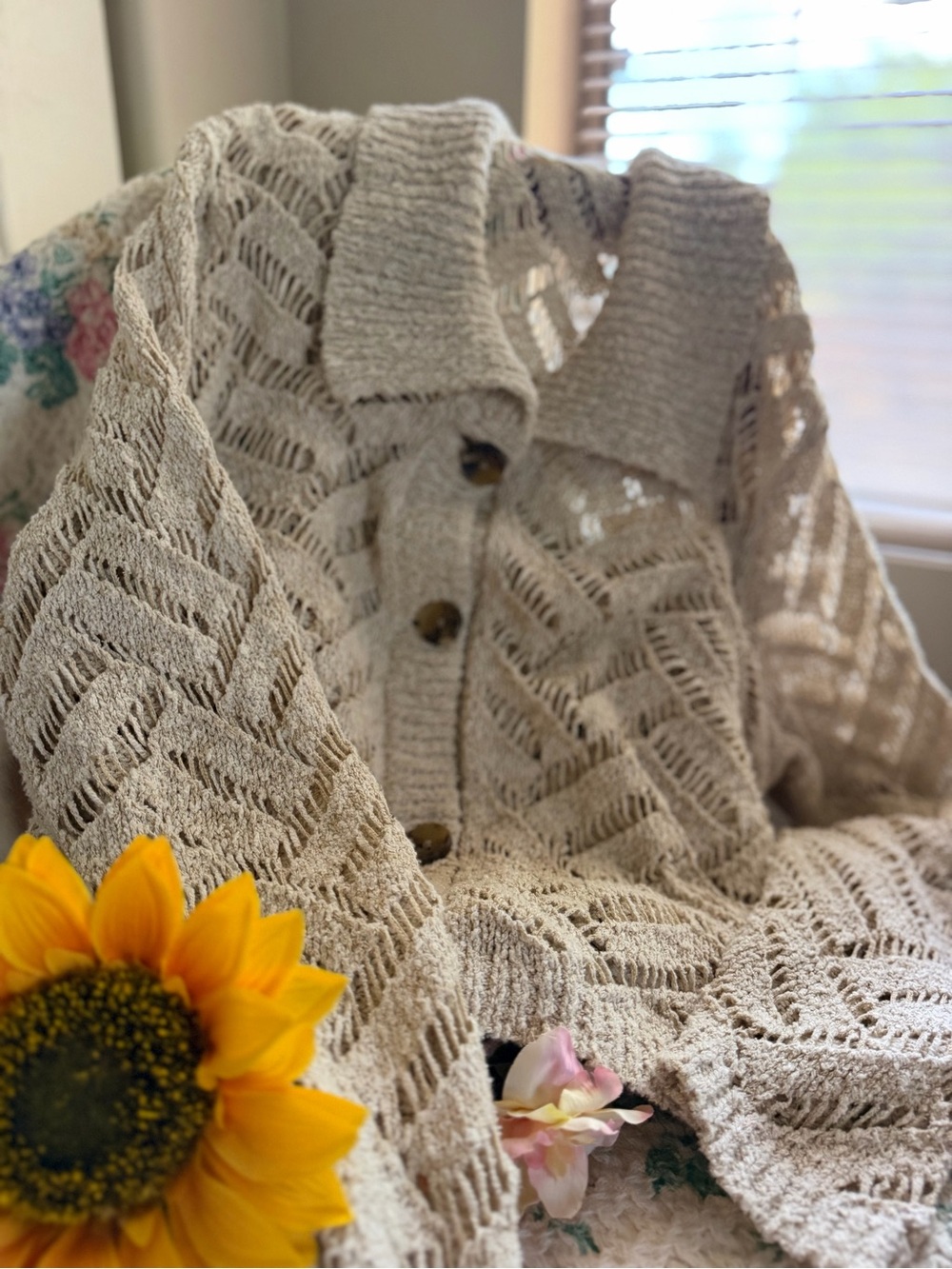 Cleo + Wolf Beige Open-Weave Button-Front Cardigan Sweater